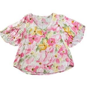 THE NINES Womens 1X Pink Floral Flutter Sleeve V-Neck Rayon Blouse P19163-2